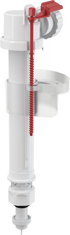 Querschnitt eines Toiletten-Füllventils, das den Schwimmer, das rote Nachfüllrohr und die Wasserdurchflussregelung im Tank zeigt.