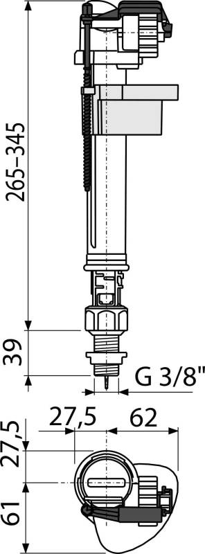 Technische Zeichnung einer mechanischen Baugruppe in Seiten- und Endansicht mit Bemaßungslinien und Maßen, einschließlich 27,5, 62, 6 3/8 und 7 3/8.