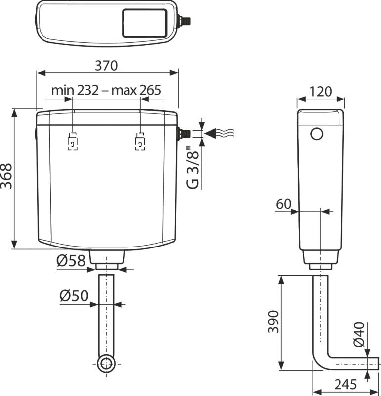 Technische Maßzeichnung einer zylindrischen Komponente mit Oberkappe und Seitenauslass, zeigt Vorder- und Seitenansicht mit Maßangaben in Millimetern.