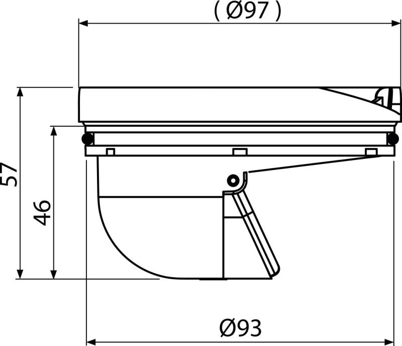 Technische Seitenansicht-Maßzeichnung einer wandmontierten Einheit mit einem schwenkbaren Stützarm, mit Abmessungen von 797 mm Breite, 495 mm Tiefe und 46 mm Höhe.