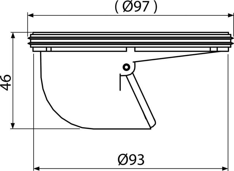 Technische Strichzeichnung einer Klapphalterung oder eines Regalstütze mit den Abmessungen 297, 46 und 93 mm, die einen Schwenkarm und einen gekrümmten Freiraum zeigt.