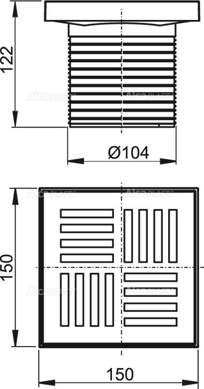 Technische Zeichnung einer Gewindezylinderverschraubung mit oberflansch, mit Abmessungen 122 Höhe und Ø104 Breite, plus ein 150 x 150 Quadratgitterdetail.