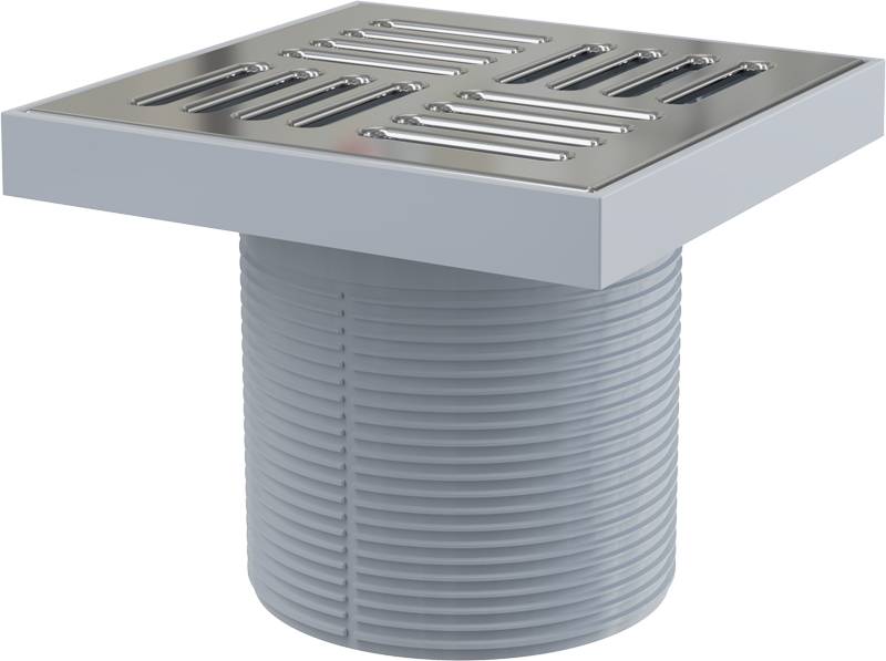 Ein quadratisches Metallgitterrost für einen Bodenentwässerungsabfluss mit einem großen Gewindezylinderableitungskörper darunter, dargestellt vor schwarzem Hintergrund.