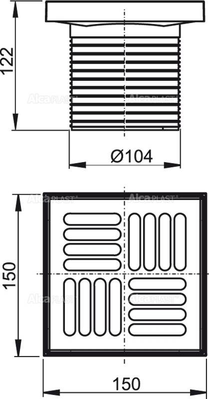 Technische Zeichnung eines quadratischen Lüftungsgitters, 150 x 150, mit vier abgerundeten rechteckigen Schlitzen und Montagemaße von 122 x Ø104 dargestellt.