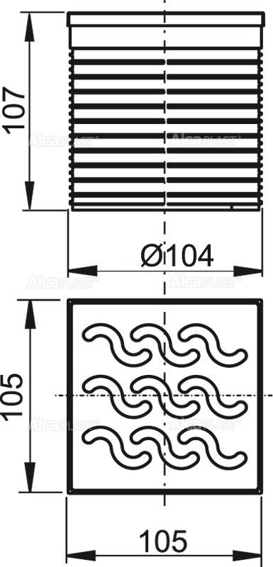 Technische Zeichnung einer quadratischen Lüftungsgitterabdeckung: 105 mm breit und 105 mm hoch, mit einer kreisförmigen Öffnung von 104 mm Durchmesser und einer Gesamthöhe von 107 mm.