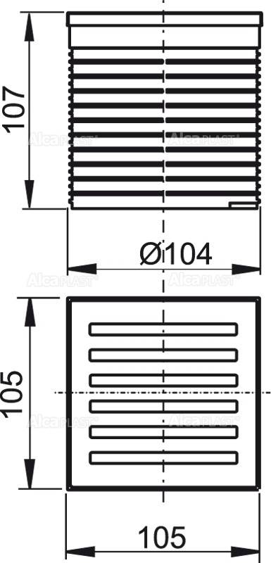 Technische Zeichnung einer quadratischen Lüftungsgitterabdeckung, 105 mm breit und 105 mm hoch, mit 107 mm Gesamttiefe; zentrale Öffnung mit Ø104 gekennzeichnet.