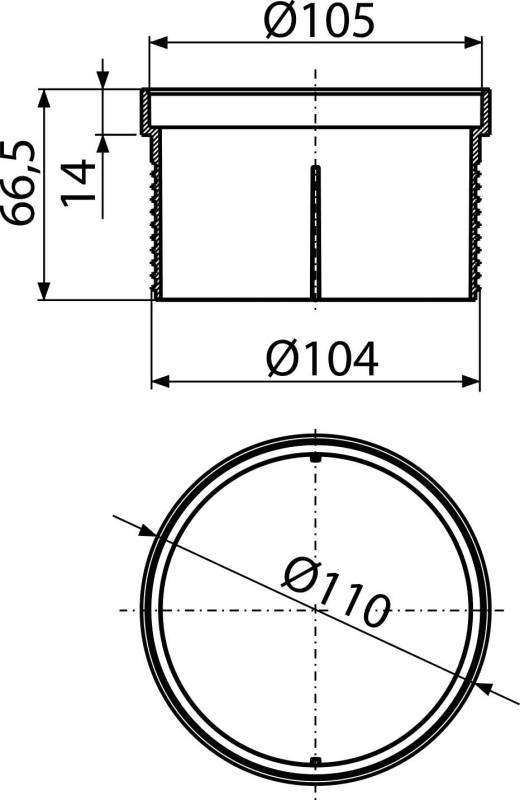 Technische Zeichnung eines kreisförmigen Bauteils mit Vorder- und Seitenansicht, mit Abmessungen Ø105, Ø104, Ø110, Höhe 65 und kleineren Abmessungen 44 und 14.