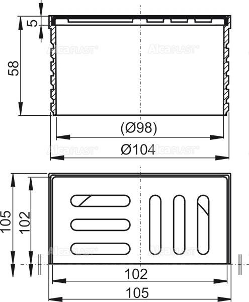 Technische Zeichnung eines rechteckigen Kunststoff-Ablauf- oder Lüftungsgitters, das Draufsicht und Querschnittsansicht mit Abmessungen von 105 mal 105 mm, 102 mm Öffnung, 58 mm Tiefe und Ø98/Ø104 Messwerte zeigt.