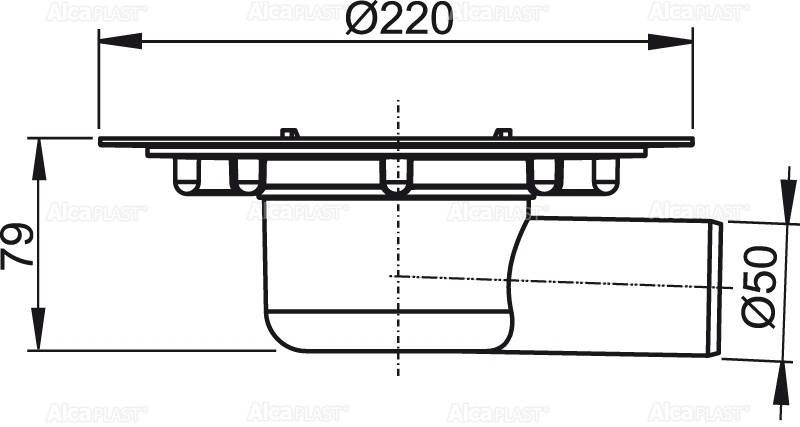Technische Zeichnung einer Rohrentwässerungsfitting mit Flansch mit folgenden Abmessungen: 220 mm breit, 79 mm hoch und 50 mm Rohrdurchmesser.