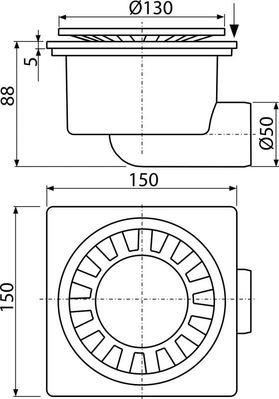 Technische Zeichnung eines runden Siebeinsatzes für Bodenabläufe oder einer Bodenablaufabdeckung mit Draufsicht und Seitenansicht mit den Abmessungen 130 mm Durchmesser, 150 mm Quadrat und 50 mm Tiefe.