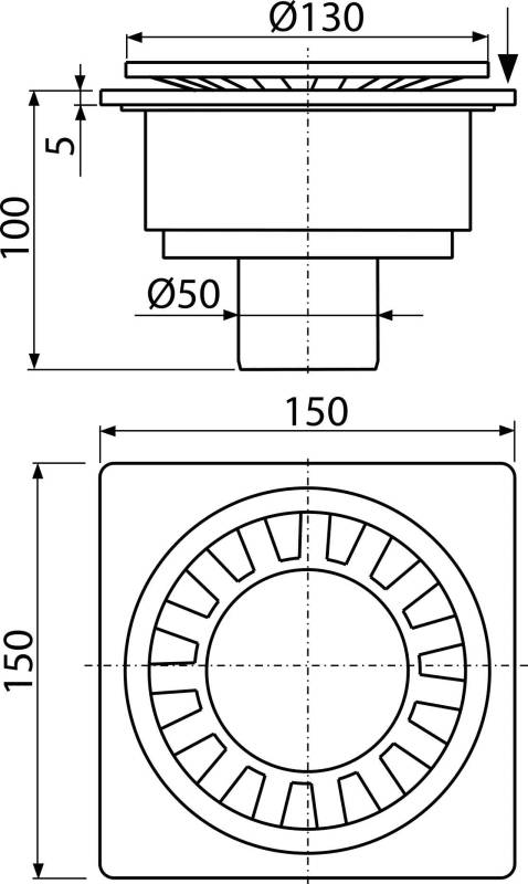 Technische Zeichnung eines runden mechanischen Teils in Draufsicht und Seitenansicht mit eingetragenen Maßen einschließlich 150 mm Breite und Durchmesser 50.