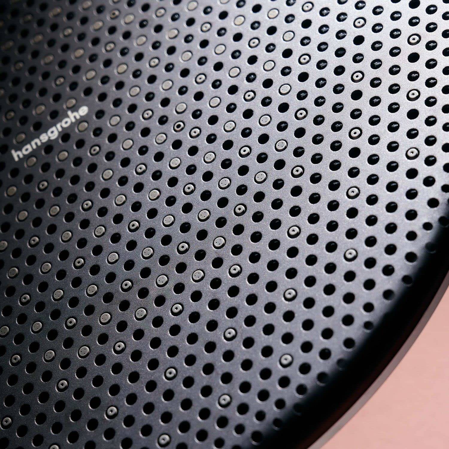 Nahaufnahme eines schwarzen perforierten Metallsprechergitters mit dem sichtbaren Markennamen „hansgrohe