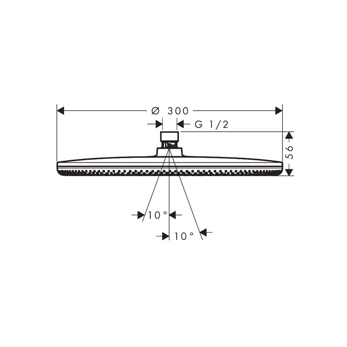 Technische Zeichnung eines runden Duschkopfs mit einem Durchmesser von 300 mm, G 1/2-Anschluss, Höhe von 56 mm und Sprühwinkeln von 10°.