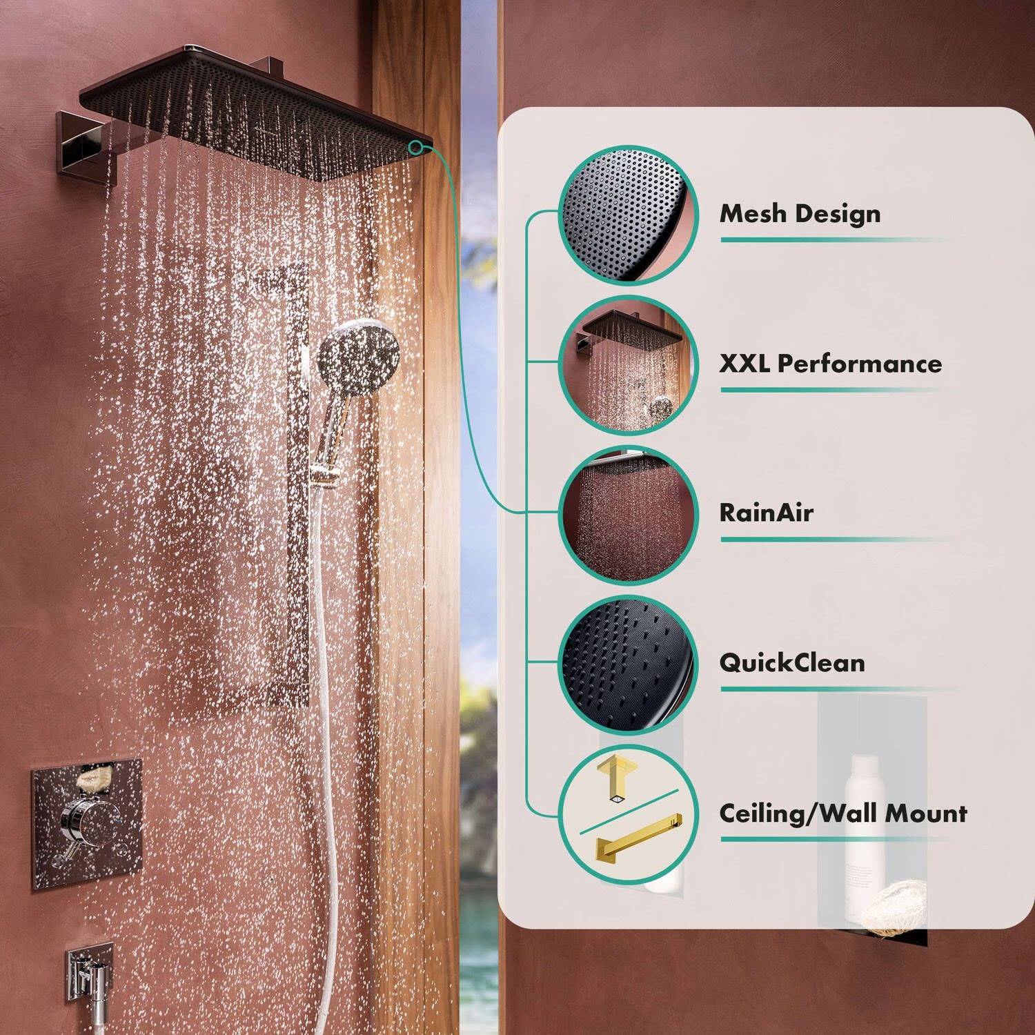 Werbebild einer quadratischen Regenduschkopf, der Wasser sprüht, mit Funktionshinweisen: Mesh-Design, XXL-Leistung, RainAir, QuickClean und Decken-/Wandmontage.