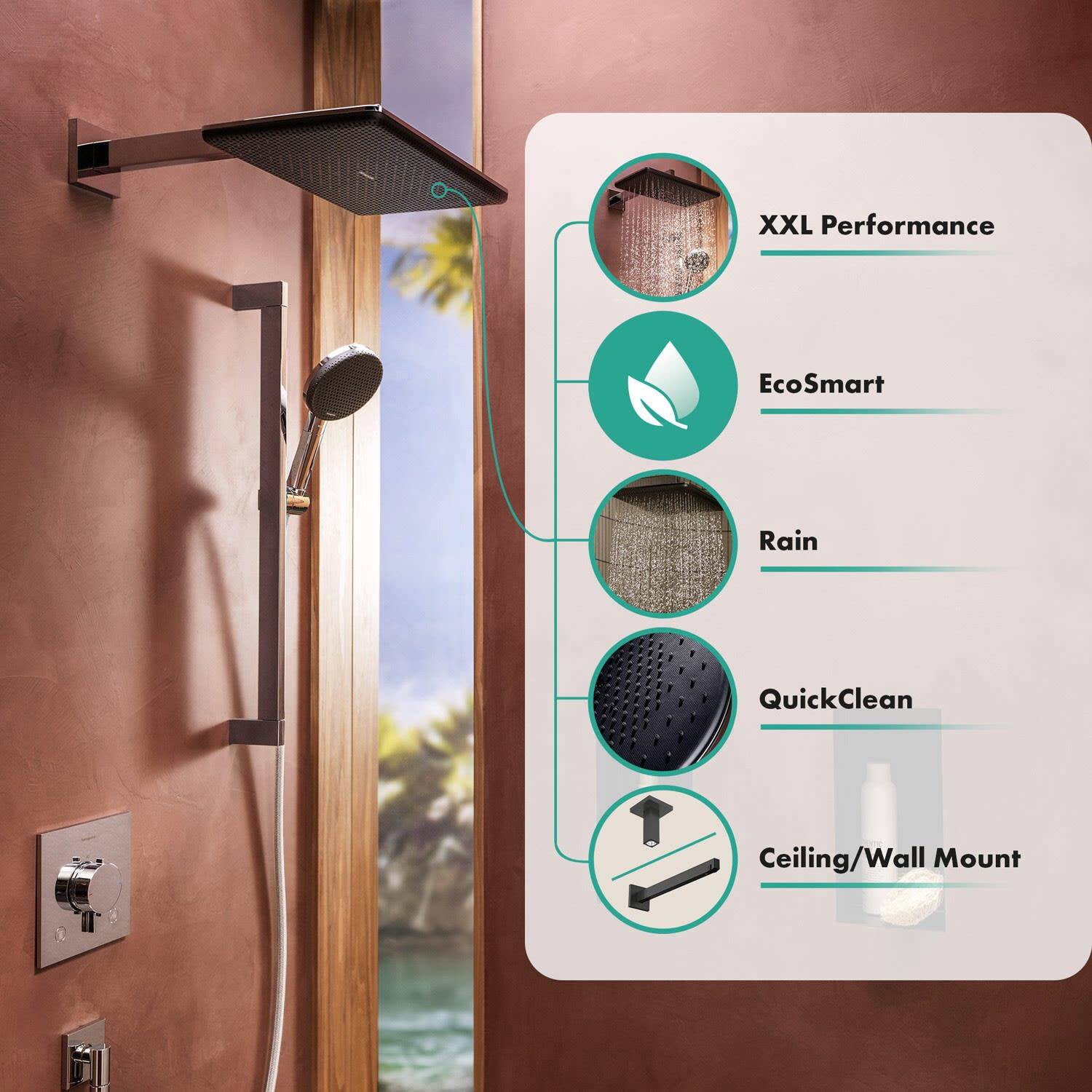 Badezimmer-Duschwassersystem mit gekennzeichneten Funktionen: XXL-Leistung, EcoSmart, Rain, QuickClean und Decken-/Wandmontage.