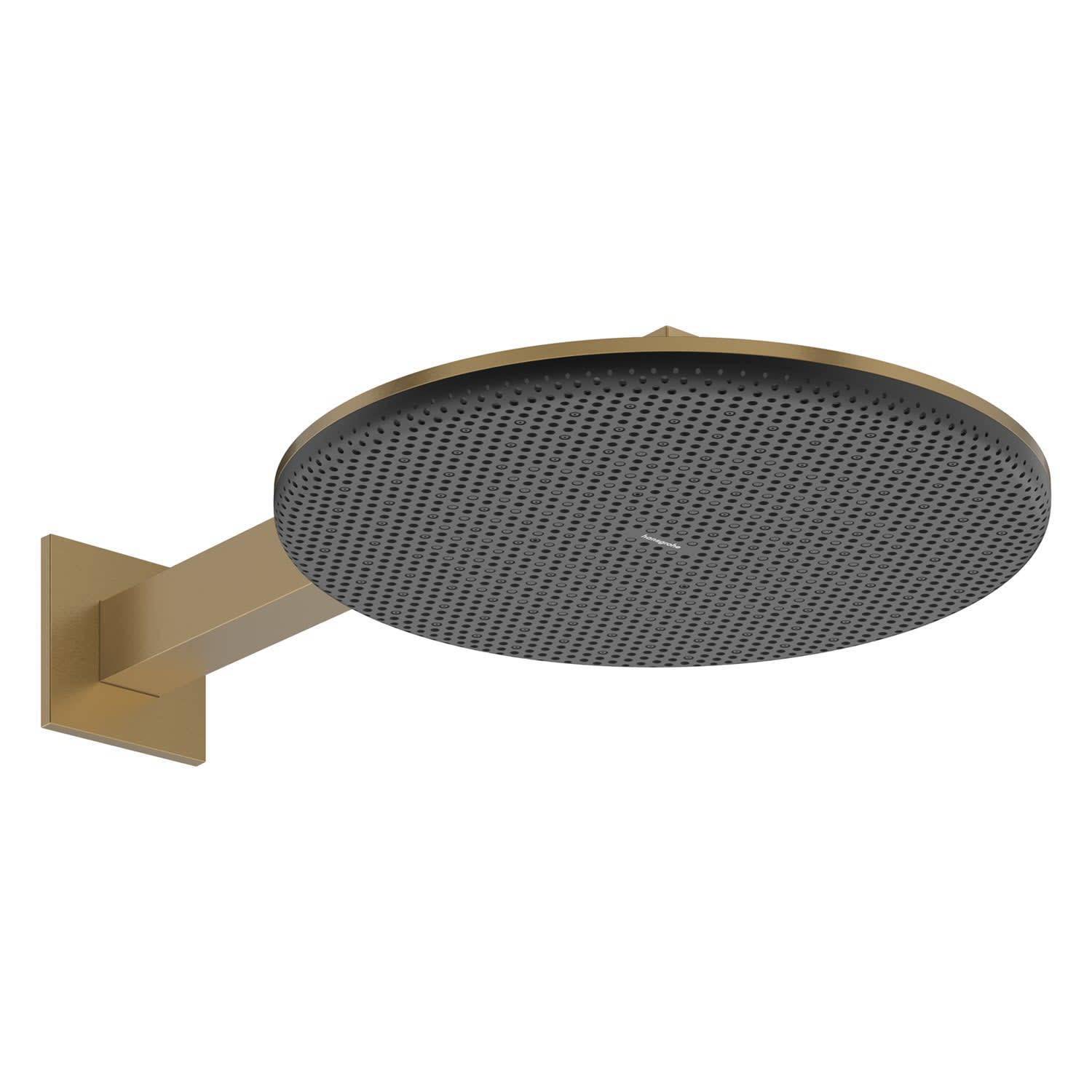 Runde, wandmontierte Regenduschkopf in Gold mit perforierter schwarzer Sprühfläche auf weißem Hintergrund