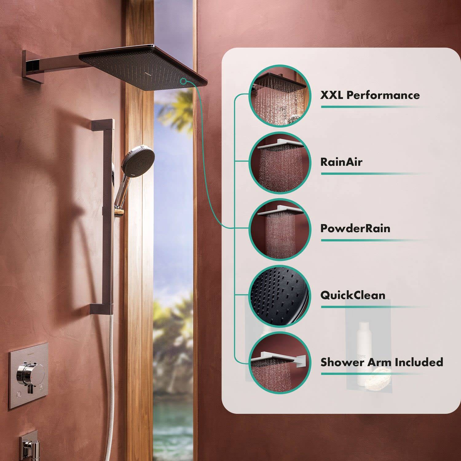 DuschDisplay mit hervorgehobener Kopfbrause und Handbrause, mit Beschriftungen für XXL Performance, RainAir, PowderRain, QuickClean und enthaltener Duschstange.