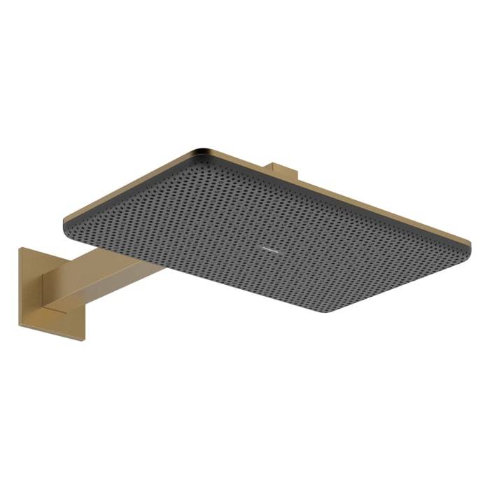 Rechteckige wandmontierte Duschkopf mit perforiertem schwarzem Gesicht und goldenem Arm und Halterung auf weißem Hintergrund.