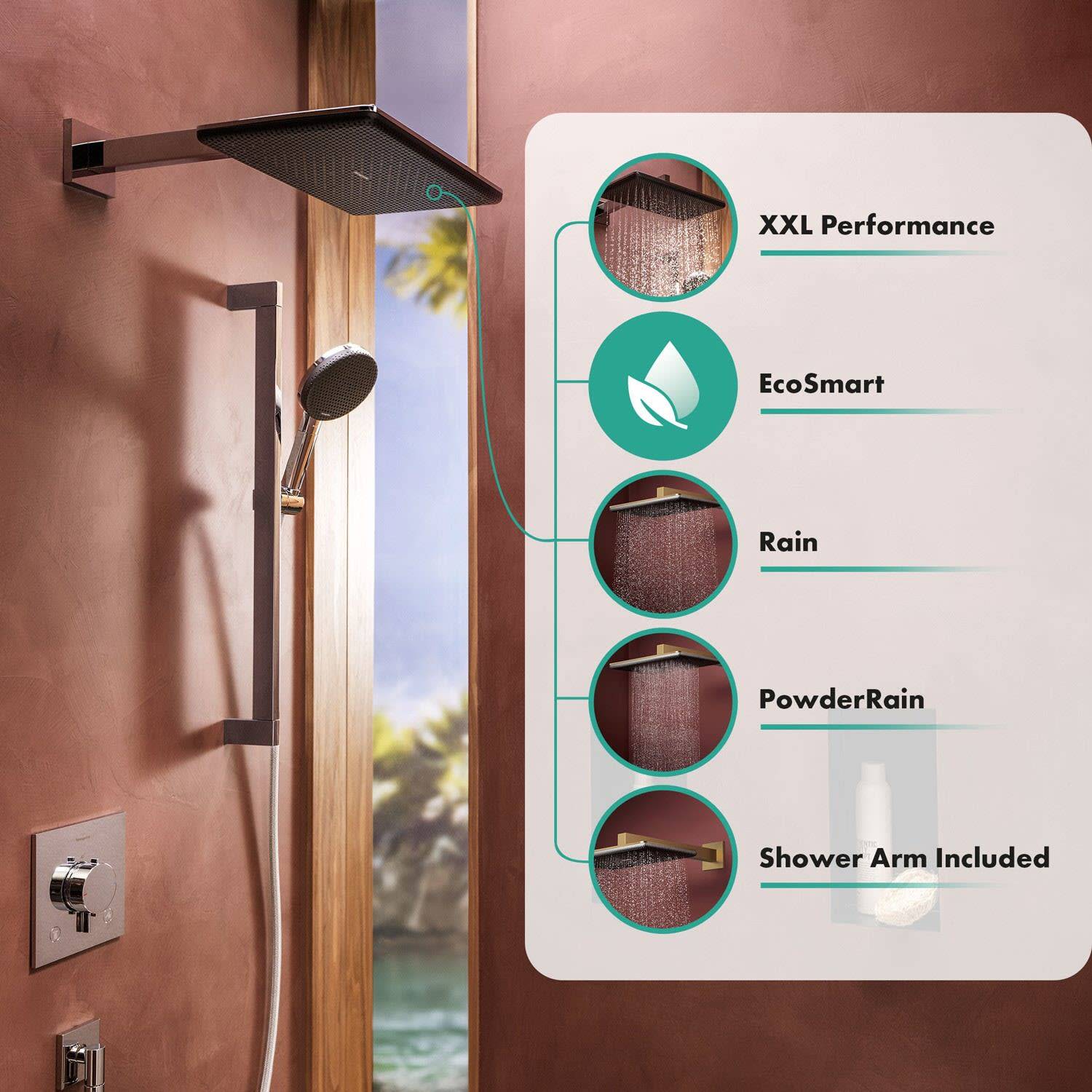 Badezimmer-Duschanlagen mit einer wandmontierten Kopfbrause und tragbarem Handbrausekopf; Seitenpaneel listet Funktionen auf: XXL Performance, EcoSmart, Rain, PowderRain, Duscharm im Lieferumfang enthalten.