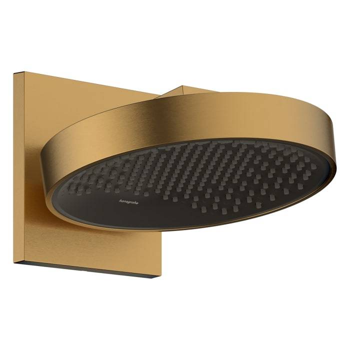 Goldene wandmontierte Regenduschkopf mit großem rundem Kopf und quadratischer Basis, gezeigt auf weißem Hintergrund.