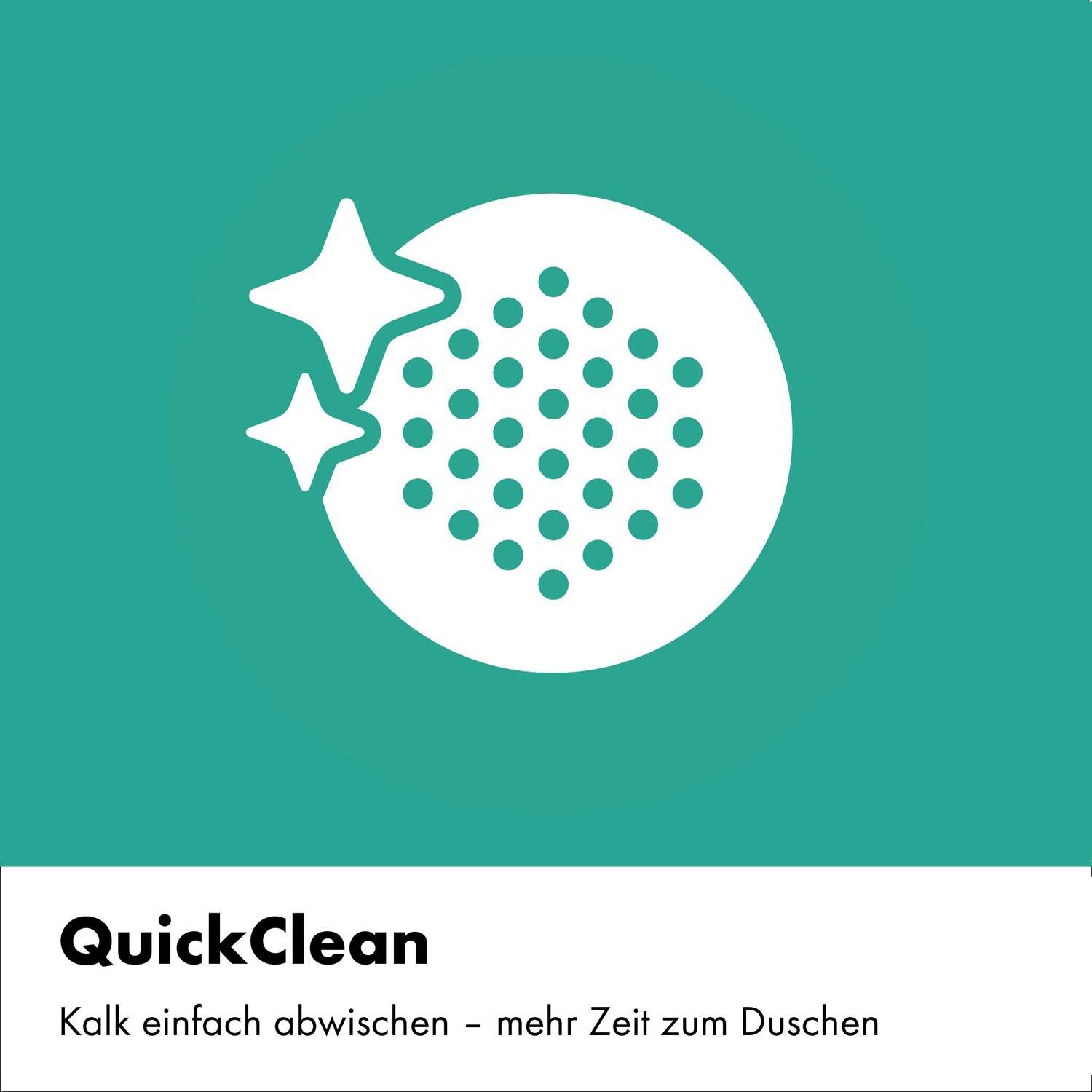QuickClean-Logo: weißer Kreis mit türkisem Punktmuster und Glitzern auf türkisem Hintergrund, mit dem Text „QuickClean