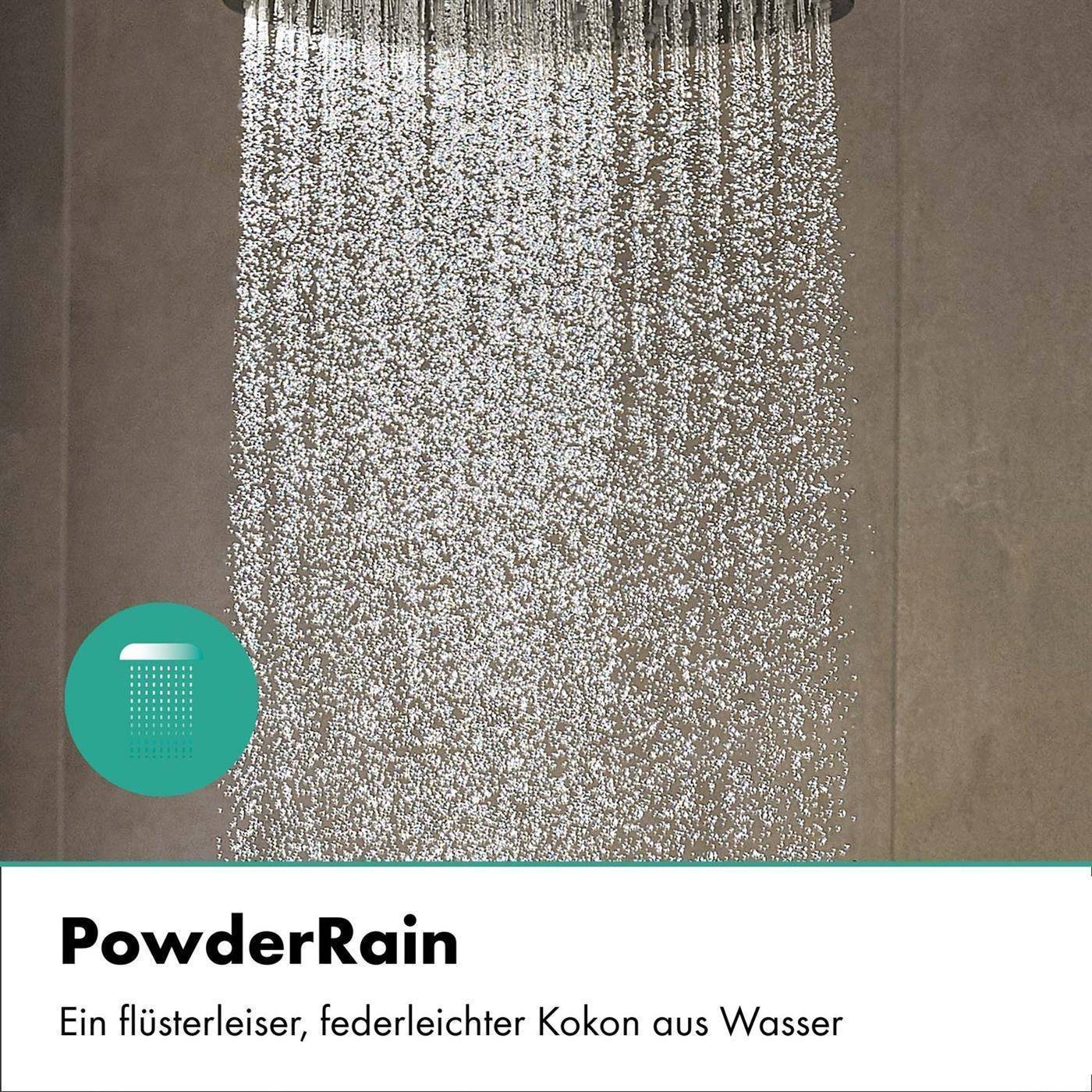 Duschkopf, der einen feinen Wassernebel abgibt, mit der Bezeichnung „PowderRain