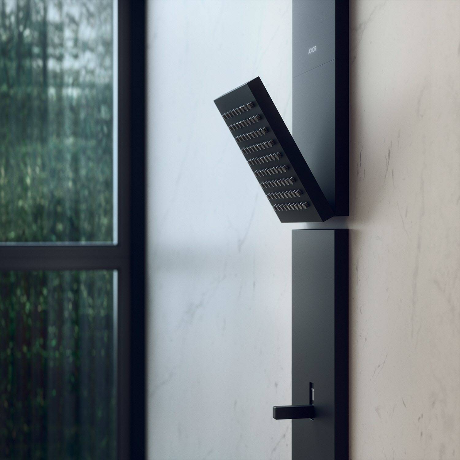 Modernes schwarzes Duschwassersystem mit Regendusche und an der Wand montiertem Mischer auf einer hellen Badezimmerwand neben einem Fenster.
