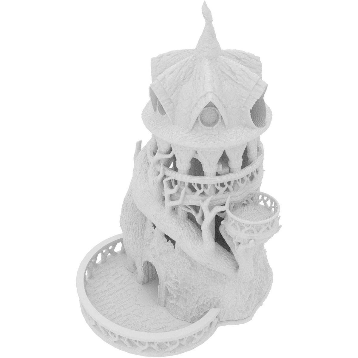 Weiß 3D-gedruckter Fantasieturm mit organischem, baumartigen Design und einer kreisförmigen Basis-Plattform auf einfachem Hintergrund.