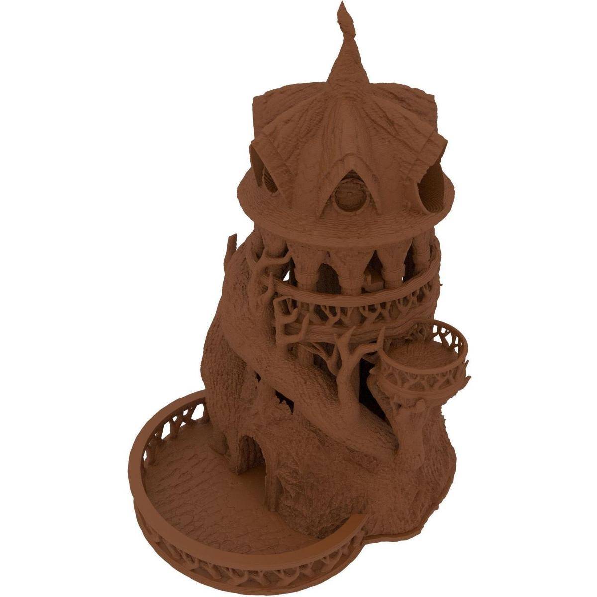 Ein braunes, im 3D-Druckverfahren hergestelltes Fantasy-Turm mit einem drachenartigem Gesicht und kleinen umlaufenden Balkonen, isoliert auf weißem Hintergrund dargestellt.