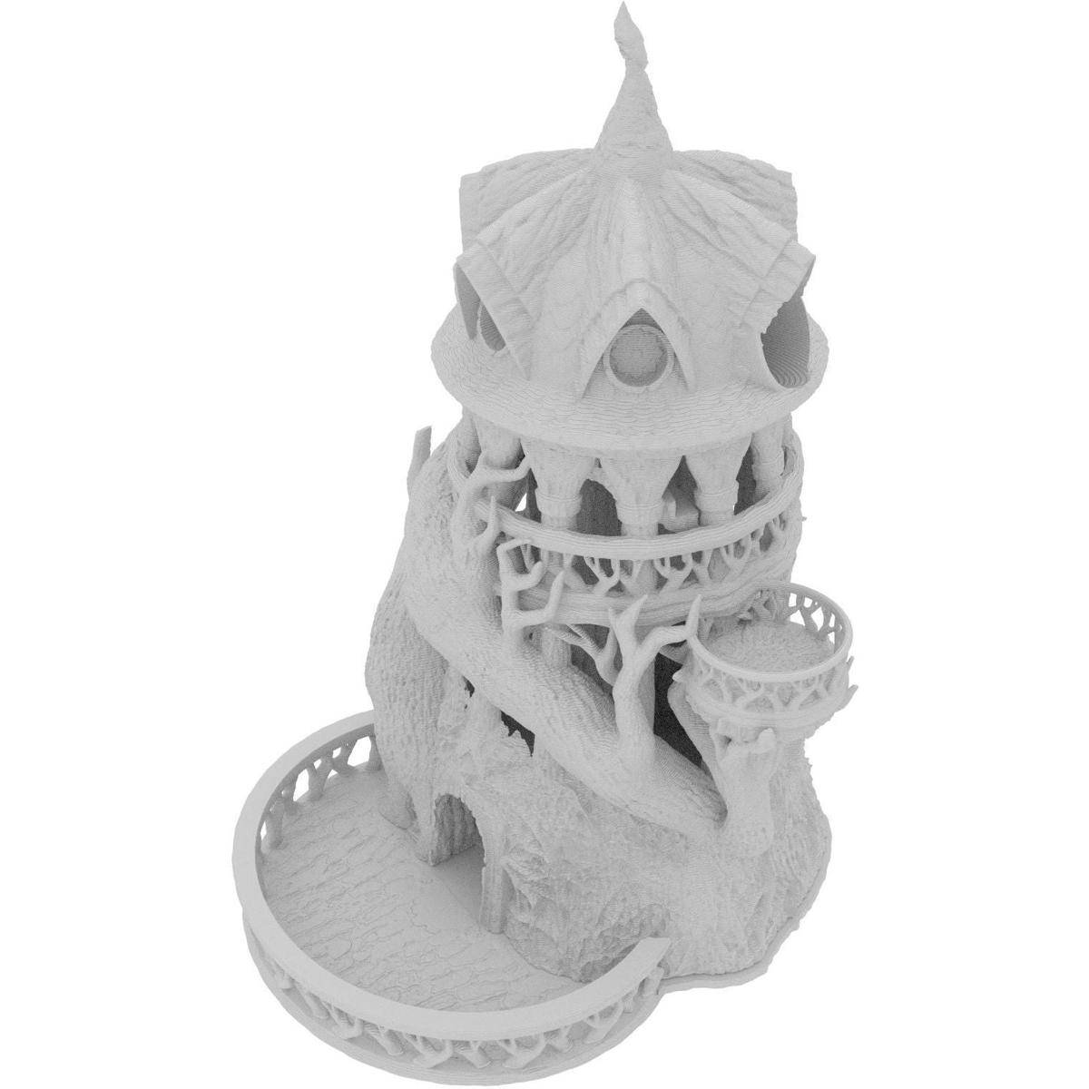 Ein weißer 3D-gedruckter Fantasieturm mit einem organischen, baumartigen Design und kreisförmigen Balkonen auf einer runden Basis.
