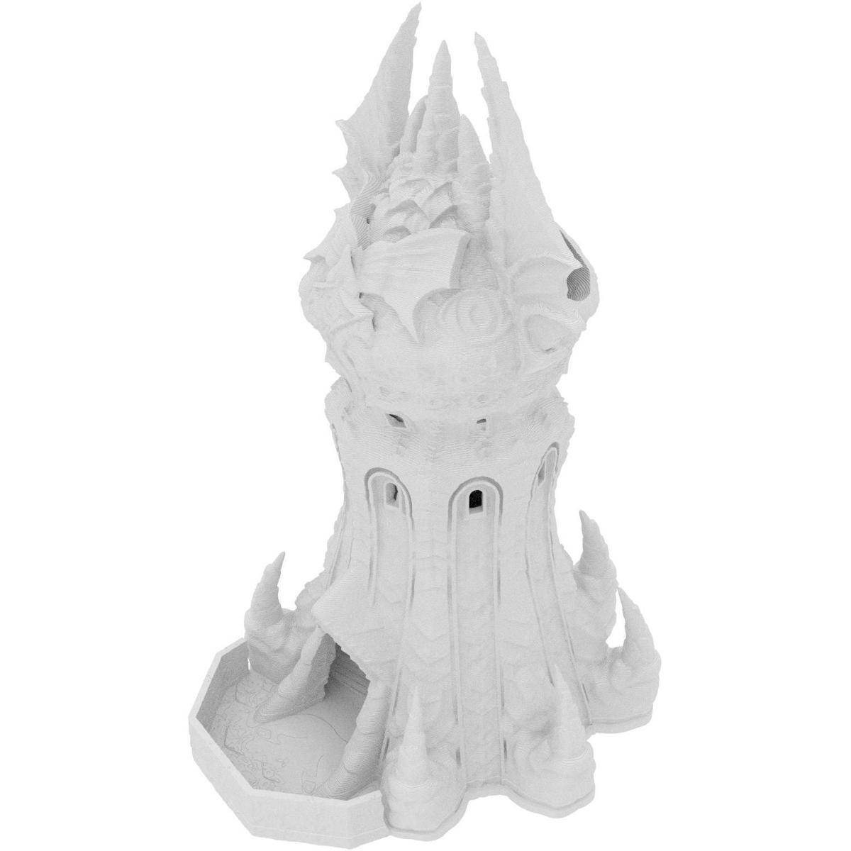 Weißes Fantasy-Turmmodell mit spitzem, schlossähnlichem Dach und kleiner achteckiger Basis.