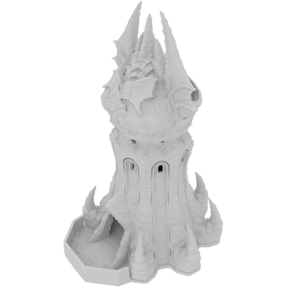 Weißes Fantasy-Turmmodell mit Türmchen und hornartigen Details auf einfachem Hintergrund.