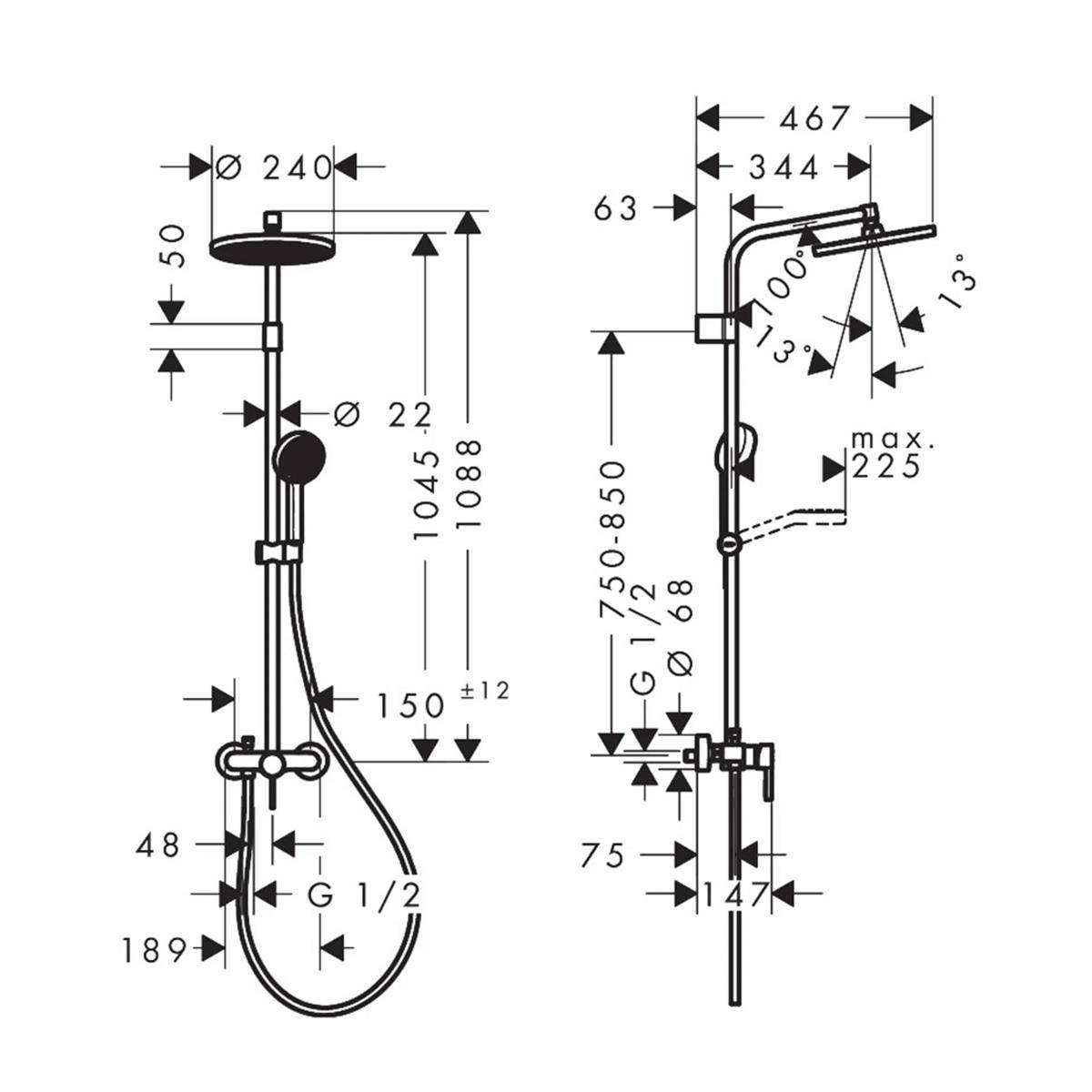 Technische Maßzeichnung einer Duschsäule mit Kopfbrause und Handbrause, mit Maßangaben in Millimetern und Details zur Installationshöhe/zum Installationswinkel.