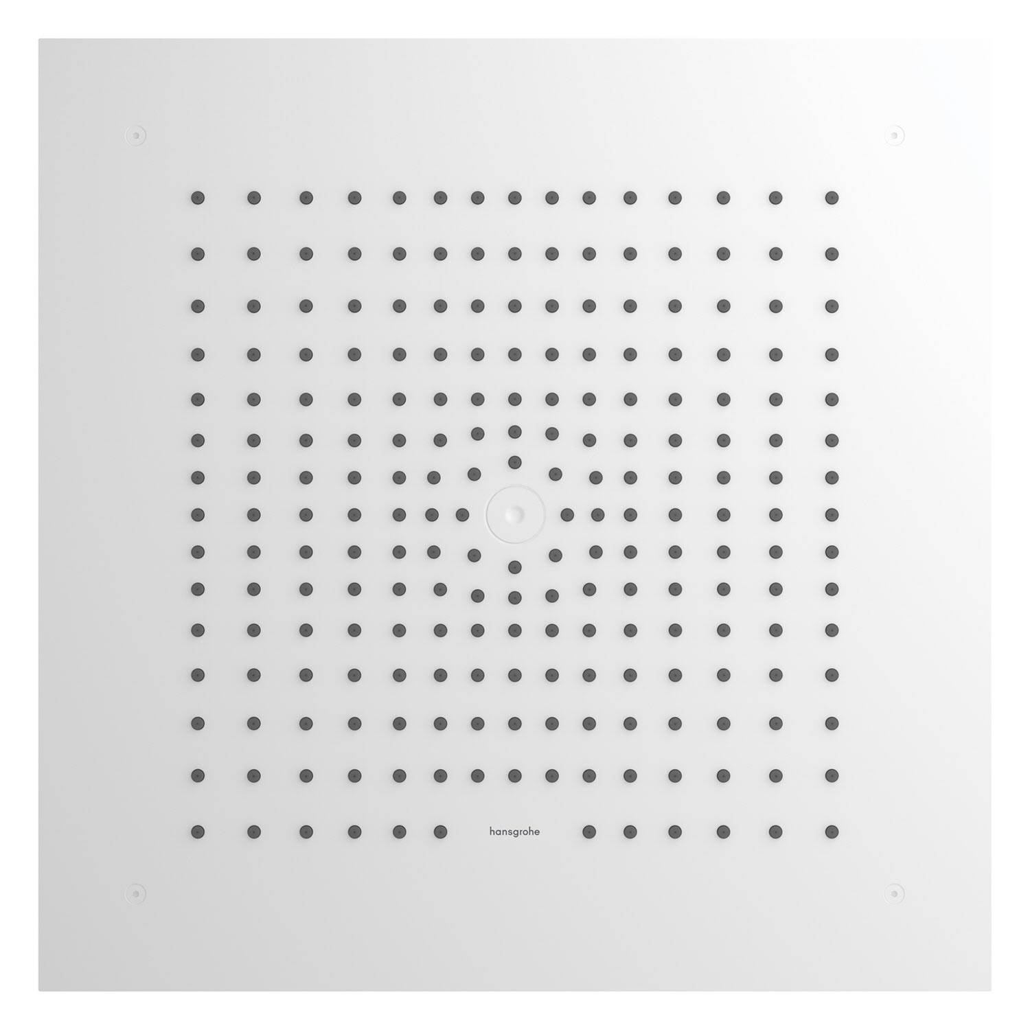 Weiße quadratische Duschkopfplatte mit einem Gitter aus vielen kleinen Düsen und einer zentralen kreisförmigen Bedienung auf weißem Hintergrund.