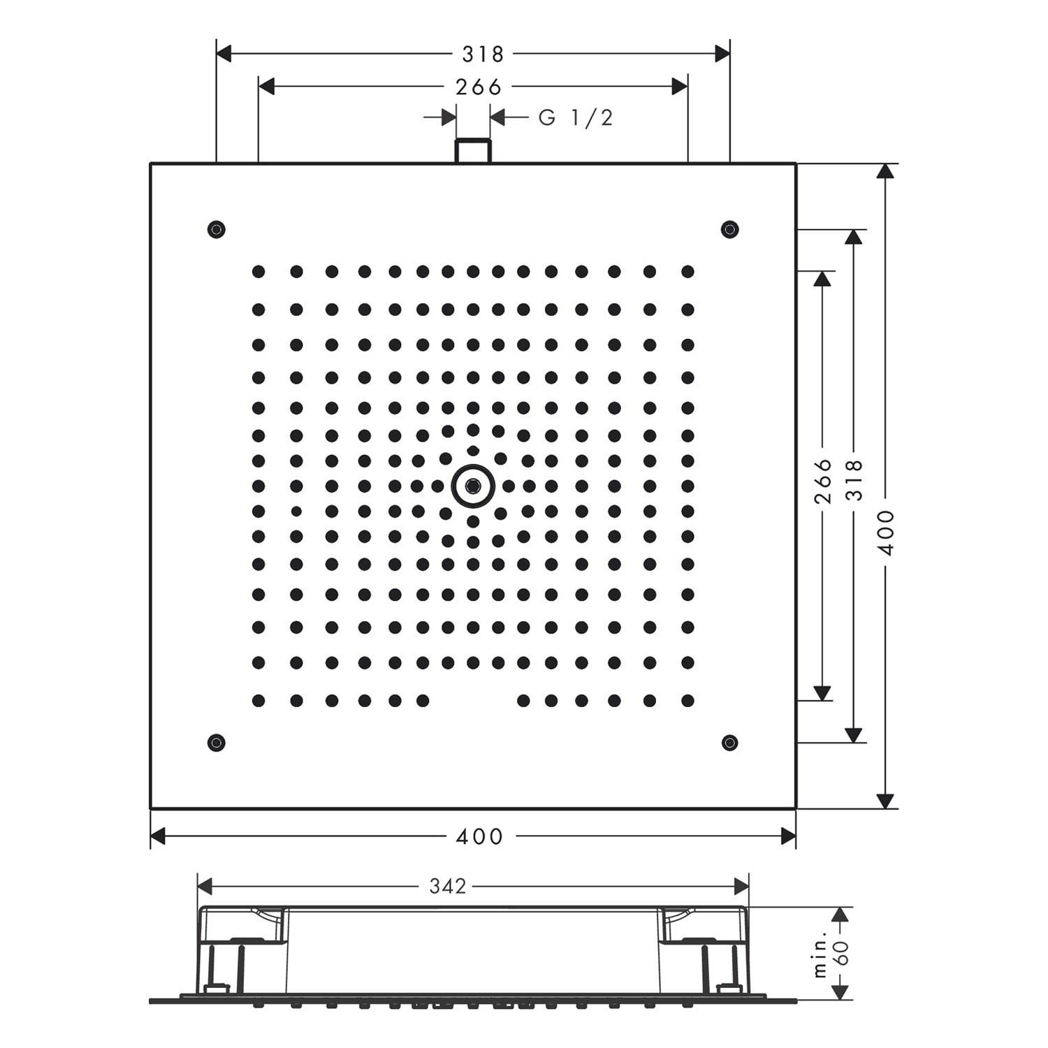 Technische Maßzeichnung eines quadratischen Lochbleches mit Befestigungslöchern, zentraler Öffnung und Maßangaben in Millimetern: 400 breit mal 400 hoch, mit 318, 266, 342 und 60 Tiefe angegeben.