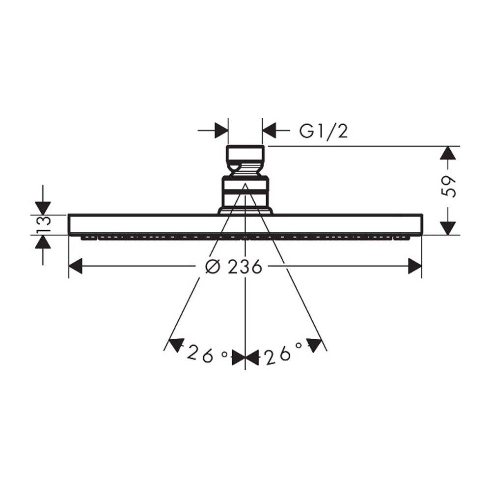 Technische Zeichnung eines runden Duschkopfs mit den Abmessungen: 236 mm Durchmesser, 59 mm Höhe, 13 mm Dicke, G1/2-Anschluss und 26° Sprühwinkel.