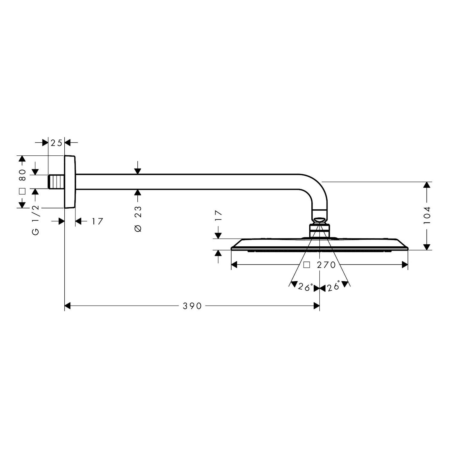 Technische Zeichnung eines wandmontierten Duscharms mit rundem Duschkopf, mit beschrifteten Abmessungen in Millimetern und G 1/2-Gewindegröße.