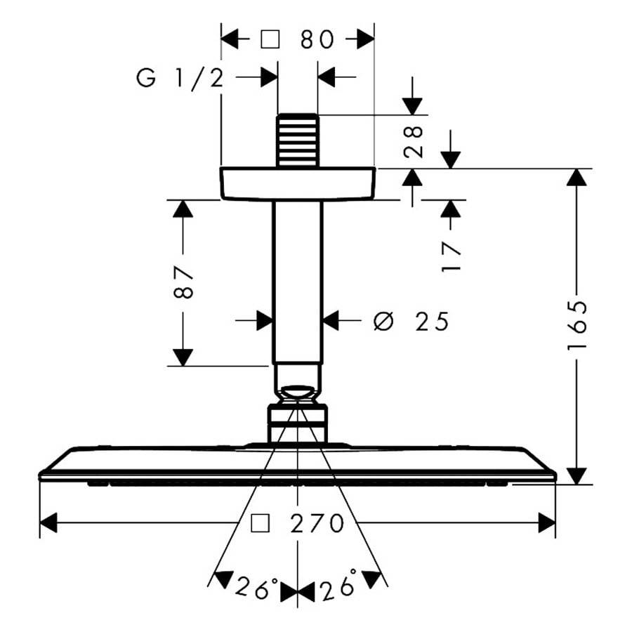 Technische Maßzeichnung einer Duschkopfbaugruppe mit Maßangaben einschließlich 270 mm Breite, 165 mm Höhe, 25 mm Durchmesser, G 1/2 Anschluss und 26° Sprühwinkel.