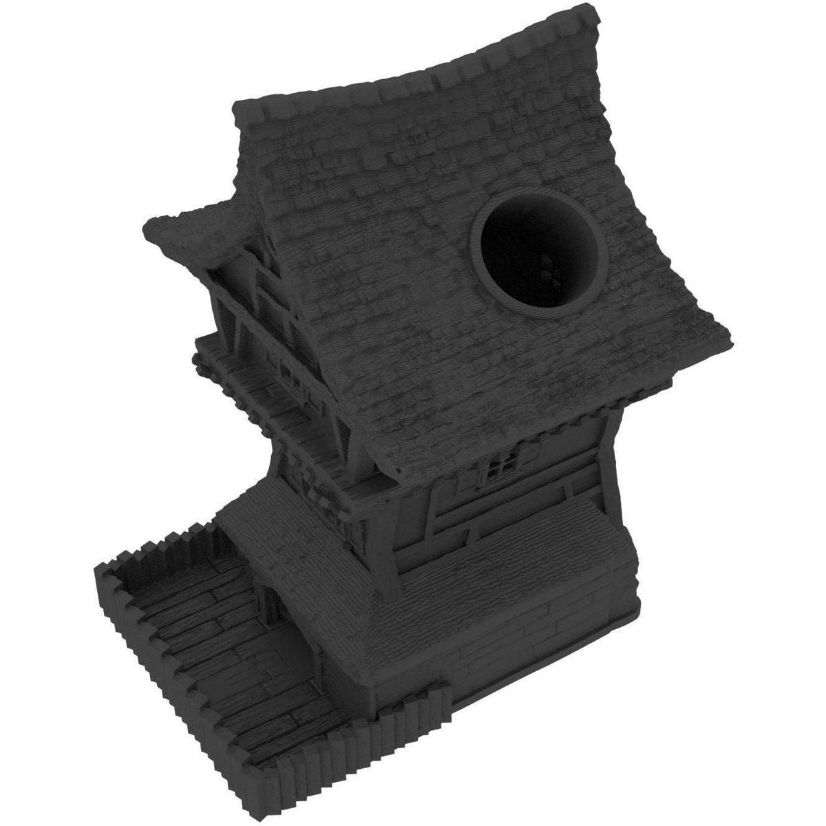 3D-Modell eines kleinen Hauses mit steilem Dach, Kaminöffnung und angebautem hölzernem Deck oder Gehweg, dargestellt auf weißem Hintergrund.