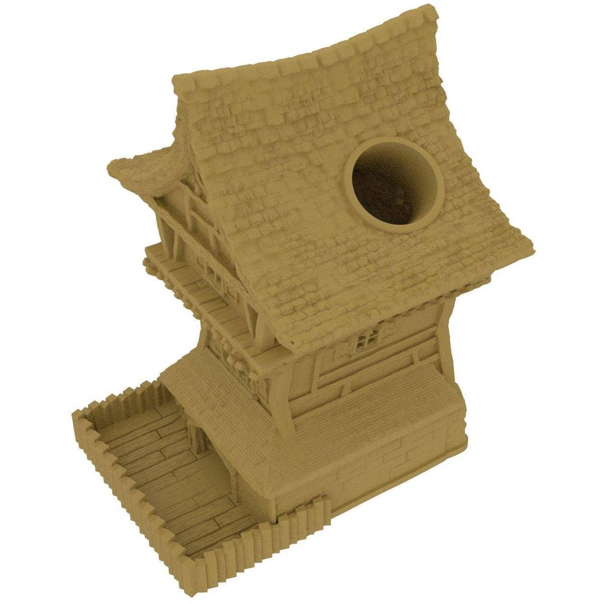 3D-Modell eines kleinen Holzhauses mit steilem Schindeldach und kreisförmiger Dachöffnung, dargestellt auf weißem Hintergrund.