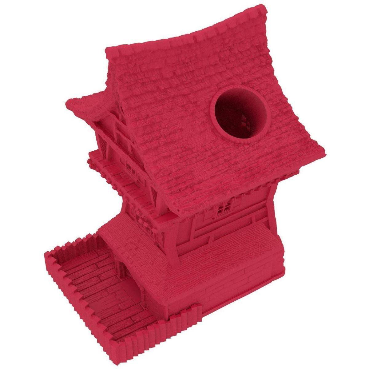 Rosa 3D-gedrucktes Vogelhaus mit geneigtem Dach, rundem Eingangsloch und vorderer Plattform, gezeigt auf weißem Hintergrund.
