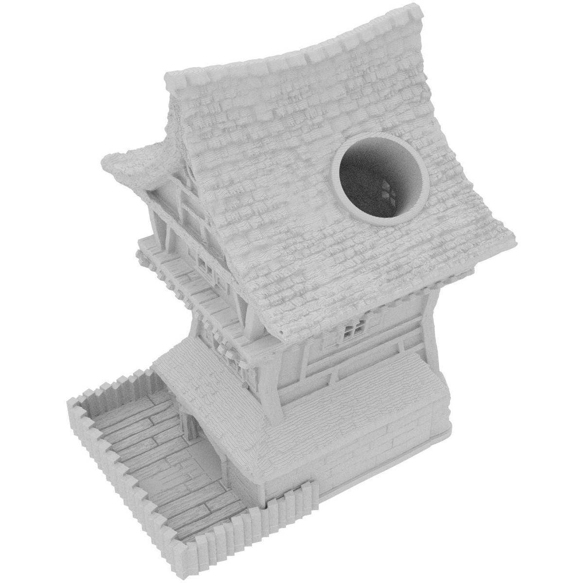 3D-Modell eines kleinen traditionellen Hauses mit steilem Dach, rundem Fenster und eingezäunter Veranda auf weißem Hintergrund.