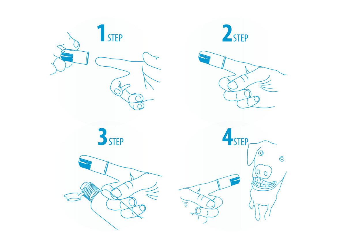 Vierschrittiges Bildbeispiel zum Verabreichen eines Fingerleckerlis für Hunde: Öffnen Sie die Packung, platzieren Sie es auf einem Finger, befestigen Sie die Kappe, dann bieten Sie es dem Hund an.