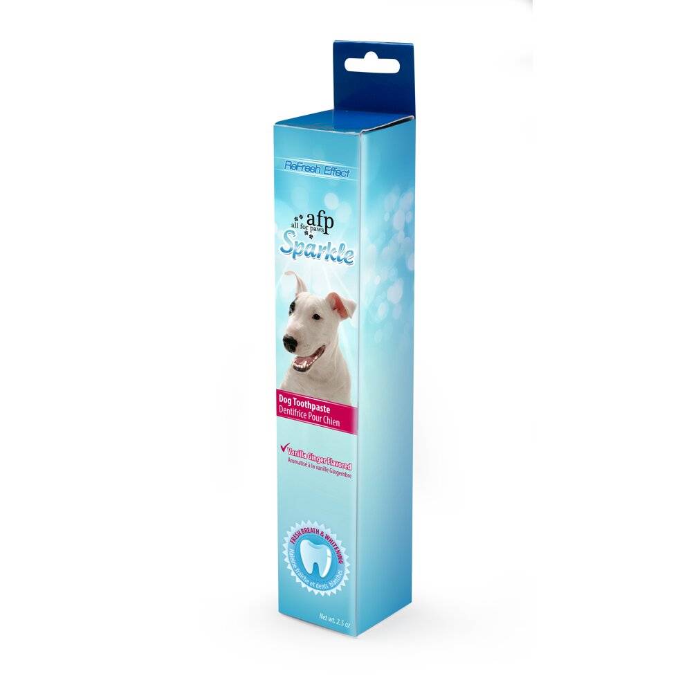 Blaue Schachtel mit 'afp Sparkle' Hunde-Zahnpasta mit einem weißen Hundeabbild, gekennzeichnet für Zahnpflege bei Hunden und Katzen.