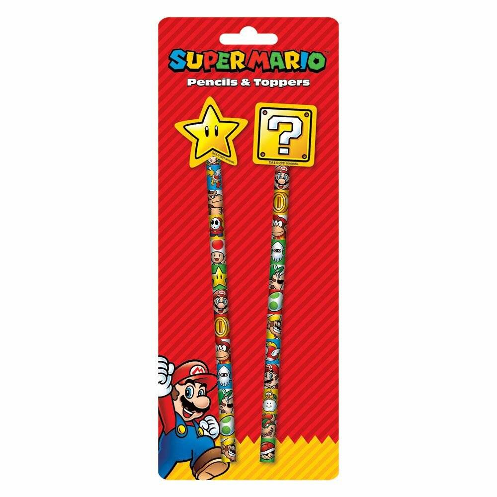 Super Mario Stifte und Aufsätze Set auf roter Verpackung, zeigt zwei Stifte mit einem Stern und Frageblock-Aufsätzen.