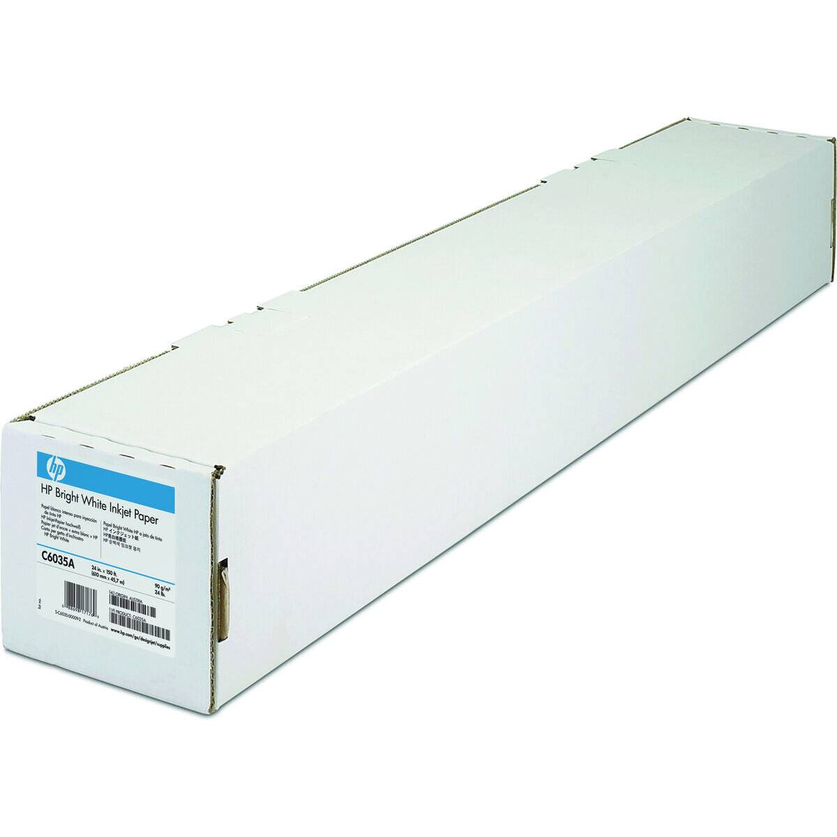 Eine lange weiße HP-Druckerpapierschachtel mit der Aufschrift „HP Bright White Inkjet Paper