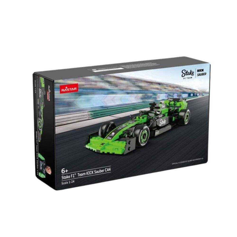 Karton eines grünen Stake F1 Team Kick Sauber C44 Modellauto-Bausatzes, ab 6 Jahren, Maßstab 1:24, gezeigt auf einer rennthemabezogenen Verpackung.
