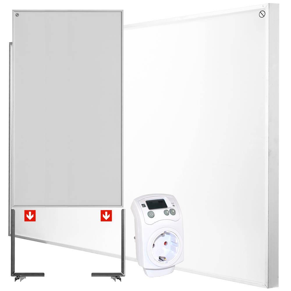 Wandmontiertes weißes elektrisches Heizflächenpanel mit einer Steuereinheit und einer großen grauen Frontblende, dargestellt in einer produktstylischen Ansicht.