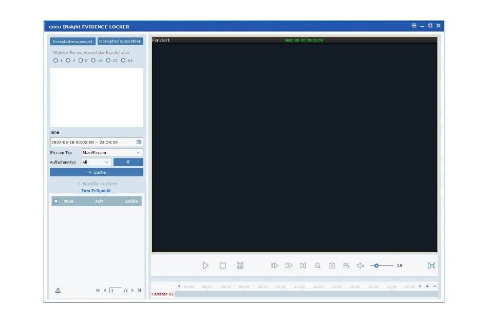 Screenshot einer Videoüberwachungs-Wiedergabeanwendung mit einem linken Bedienfeld für Suchfilter und einem großen schwarzen Videovorschaufenster auf der rechten Seite sowie Wiedergabesteuerelementen am unteren Rand.