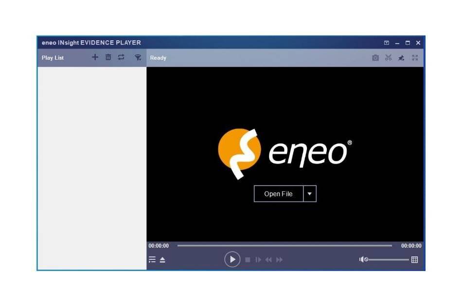 Eneo Insight Evidence Player-Fenster mit leerer Wiedergabeliste und schwarzem Videobereich, der das Eneo-Logo und eine Schaltfläche 